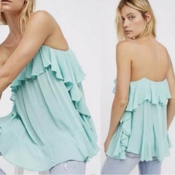 Free People Intimately Aqua Cascades Ruffle Cami Crinkle Fabric Top Size Large - Picture 1 of 10